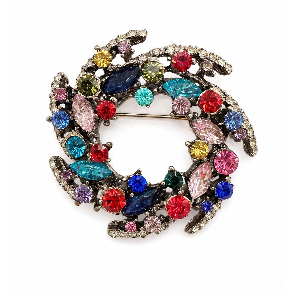 New Multicolor Rhinestone Wreath Brooch Crystal Gold Tone Statement Fashion‎ Pin